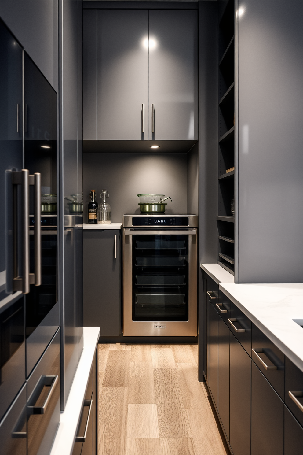 A sleek gray pantry featuring modern appliances. The cabinetry has a glossy finish with minimalist handles, and the countertops are made of polished quartz.