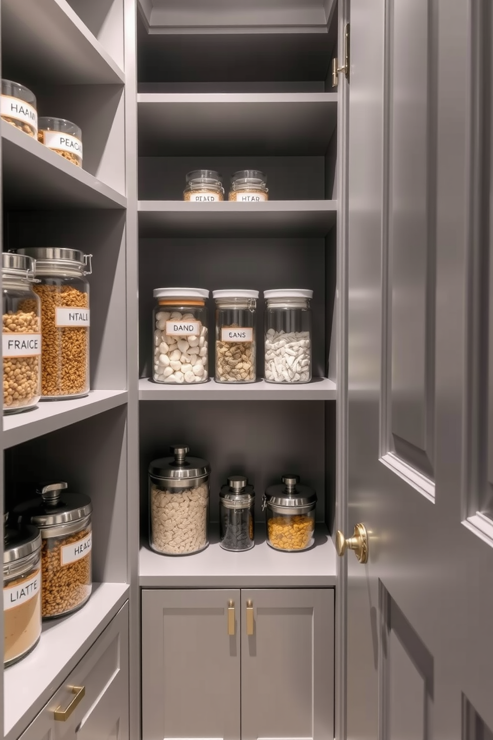 A stylish gray pantry featuring neatly organized canisters in various sizes. The shelves are lined with labeled glass containers, creating a clean and modern look.