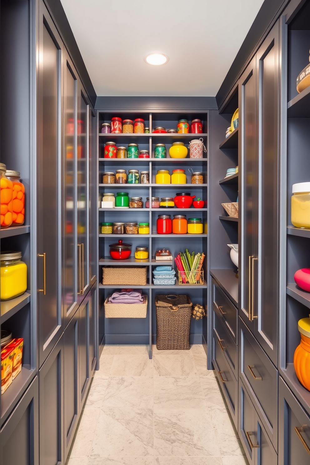 A sleek gray pantry features integrated lighting that highlights the modern shelving and storage solutions. The minimalist design includes smooth gray cabinetry with a seamless finish, creating a chic and functional space.