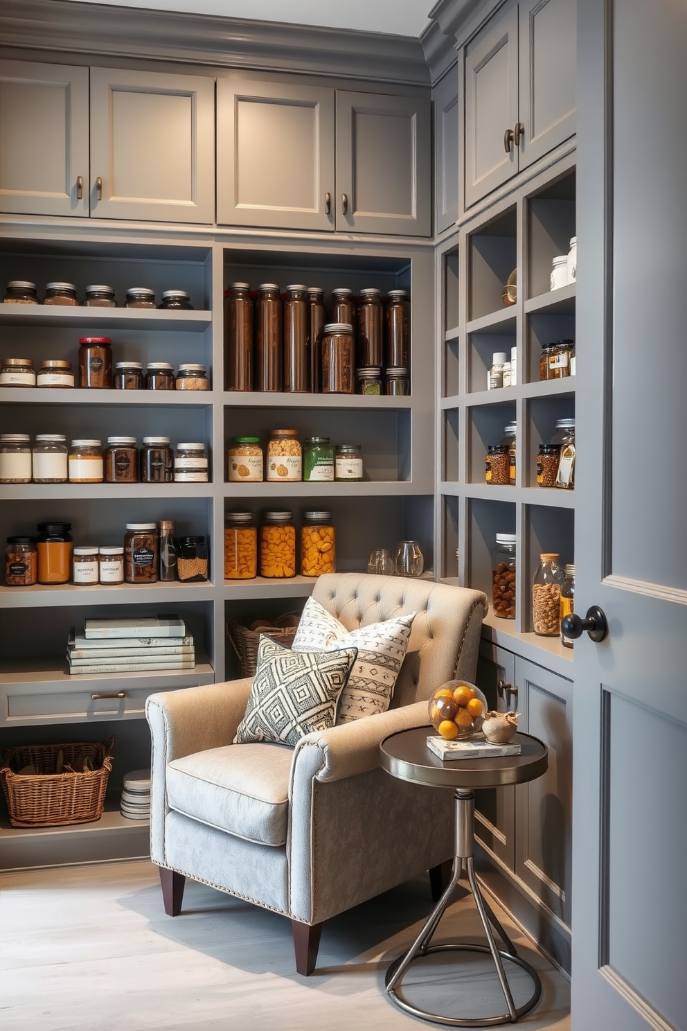 A gray pantry featuring a cozy reading nook with a plush armchair and a small side table. Shelves lined with neatly organized jars and containers create an inviting atmosphere, while soft lighting illuminates the space.