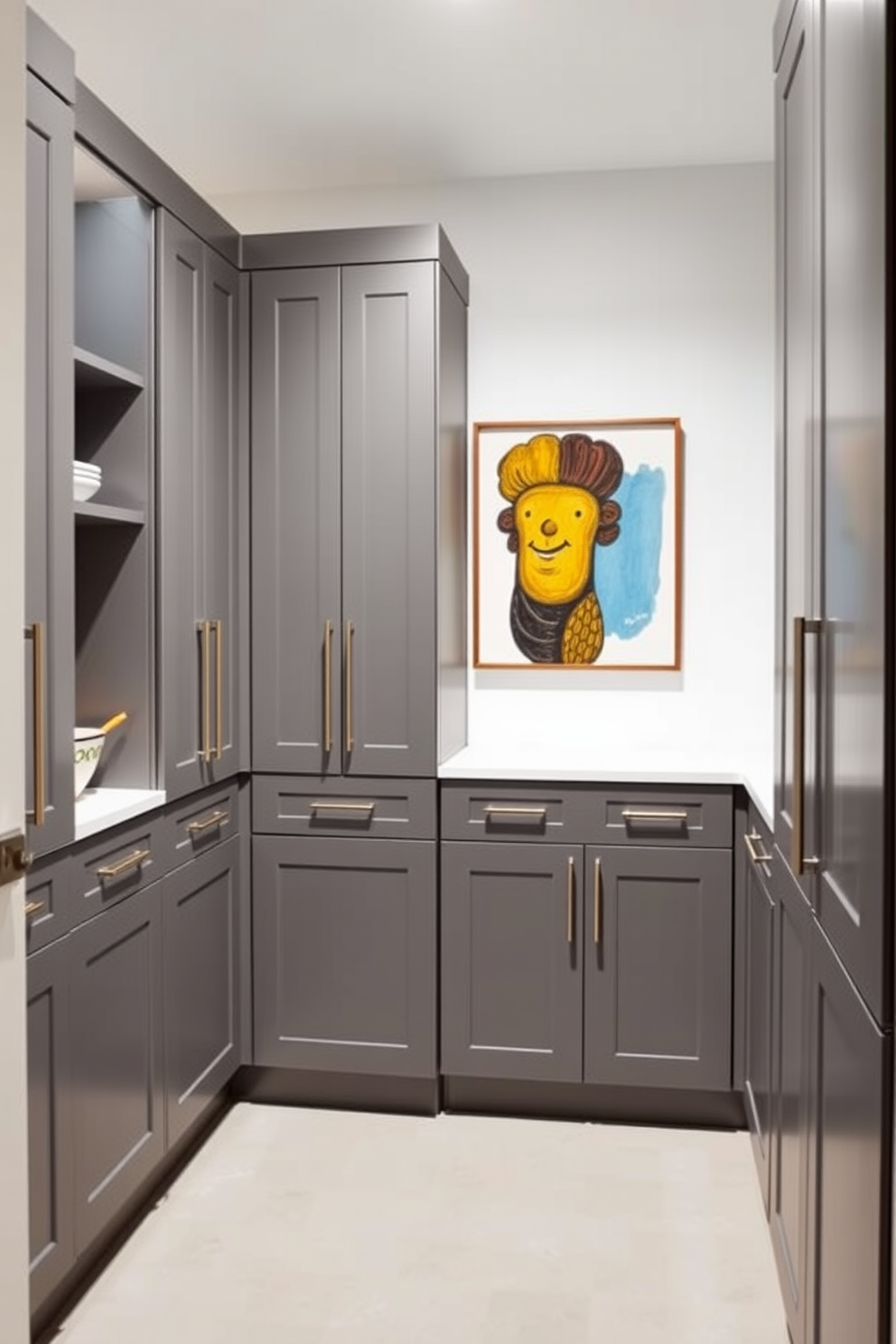 A compact gray pantry featuring smart organization solutions. The shelves are neatly arranged with labeled containers, maximizing space efficiency and accessibility.