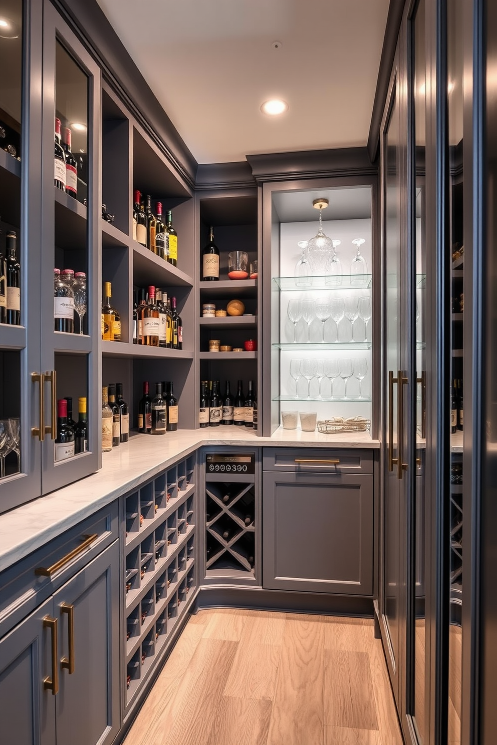 A charming gray pantry with vintage accents features open wooden shelves displaying an array of carefully curated jars and spices. The walls are adorned with subtle floral wallpaper, and a rustic wooden ladder leans against the shelves for easy access to higher items. A vintage-style chandelier hangs from the ceiling, casting a warm glow over the space. The floor is covered in distressed wood, enhancing the overall cozy and inviting atmosphere.