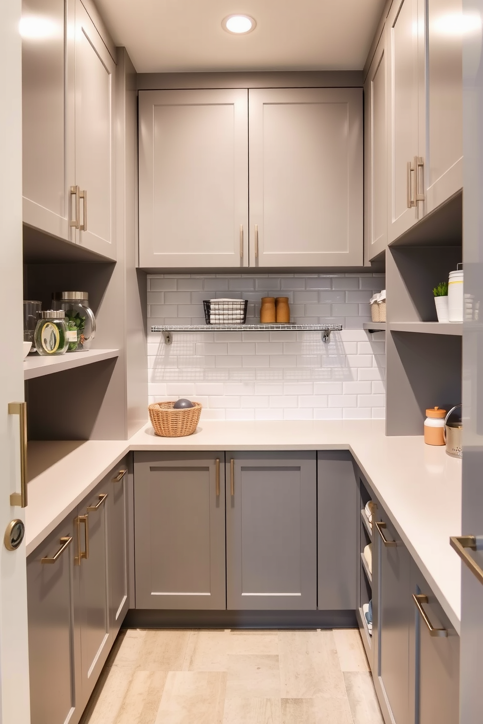 A stylish gray pantry features sleek cabinetry with a matte finish and elegant brass hardware. A dedicated coffee station is set up in the corner, complete with an espresso machine, stylish mugs, and a marble countertop for preparation. The walls are painted in a soft gray tone, creating a calm and inviting atmosphere. Open shelving displays neatly organized jars and cookbooks, adding both functionality and aesthetic appeal to the space.