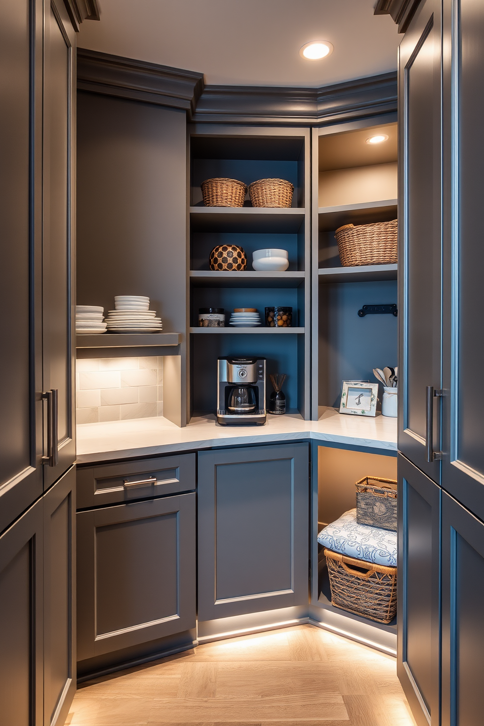 A stylish gray pantry featuring a hidden coffee station seamlessly integrated into the cabinetry. The pantry showcases sleek gray cabinets, open shelving for storage, and a cozy nook for coffee essentials, all illuminated by warm under-cabinet lighting.