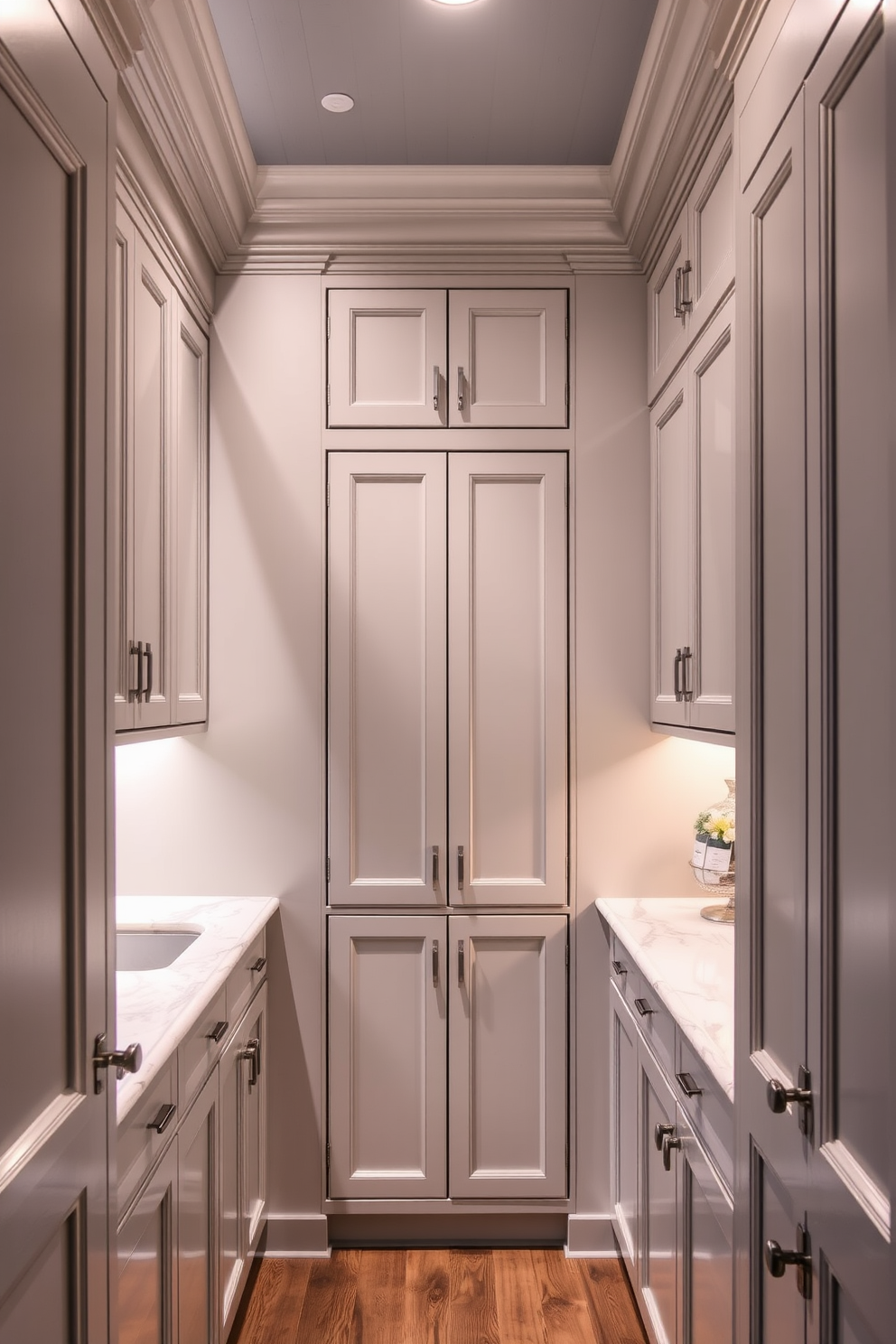 An elegant gray pantry with crown molding features custom cabinetry that reaches the ceiling, providing ample storage space. The pantry is illuminated by warm under-cabinet lighting that highlights the gray tones and adds a cozy ambiance.