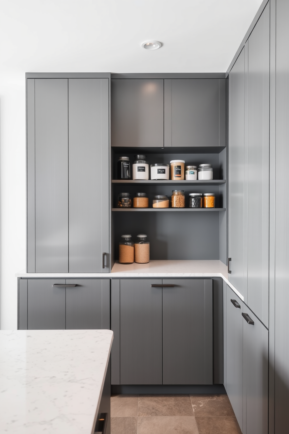 Cozy gray pantry with warm lighting. The shelves are lined with neatly organized jars and containers, creating an inviting atmosphere. Soft pendant lights hang from the ceiling, casting a gentle glow over the space. A small wooden table is placed in the center, adorned with a bowl of fresh fruits and herbs.