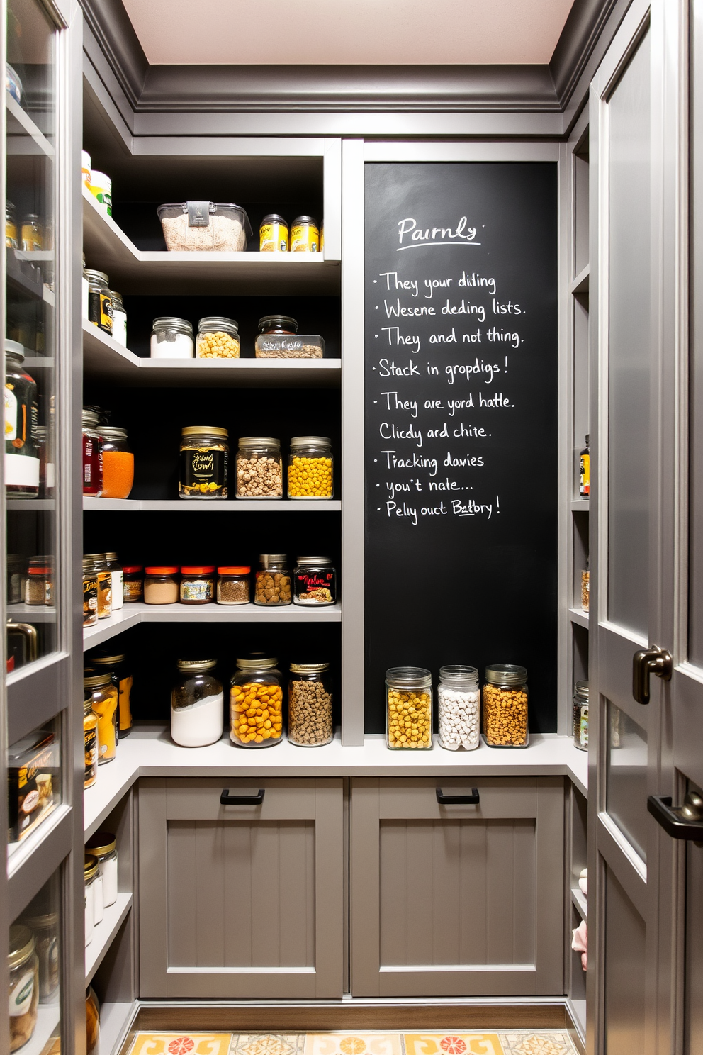 A sleek gray pantry with a minimalist aesthetic features open shelving displaying neatly organized jars and containers. The walls are painted in a soft gray tone, complemented by a simple wooden countertop that enhances the clean design. Floor-to-ceiling cabinetry in a matching gray finish provides ample storage while maintaining a streamlined look. A subtle pendant light hangs from the ceiling, adding warmth to the space without overpowering the minimalist theme.