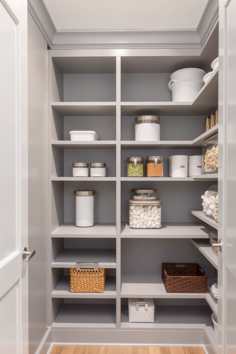 A transitional gray pantry featuring modular shelves that maximize storage and organization. The walls are painted in a soft gray tone, complemented by sleek silver hardware and stylish containers for a modern touch.