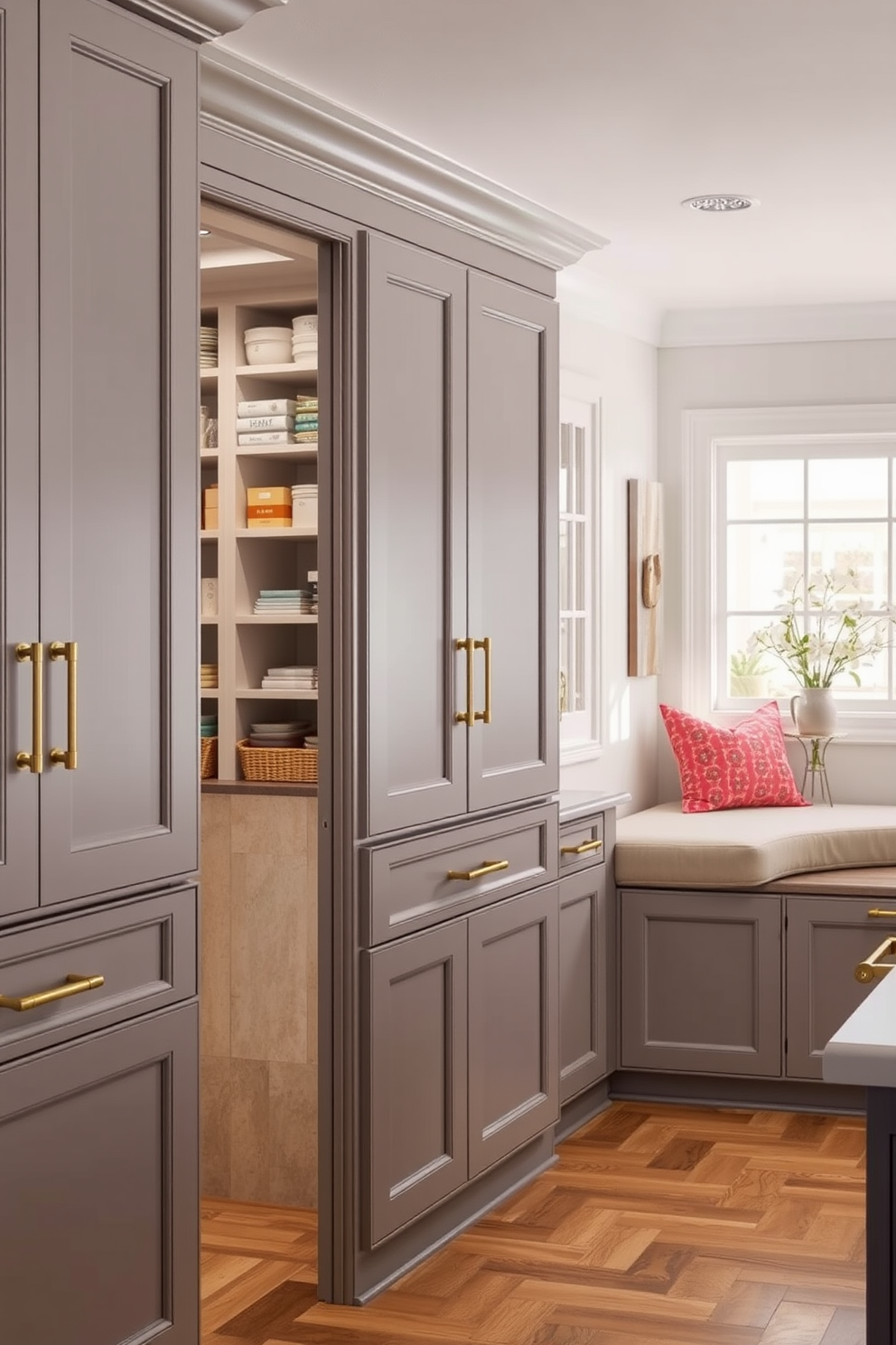 A stylish kitchen featuring gray shaker cabinets adorned with elegant brass hardware. The cabinets are complemented by a spacious pantry designed with organized shelving and a cozy reading nook.