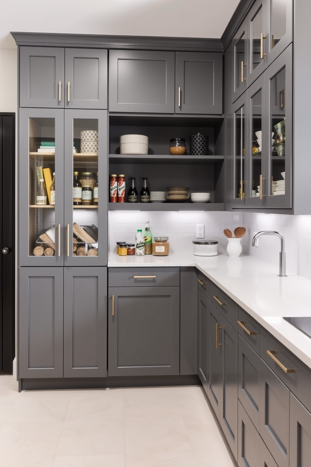 A contemporary pantry featuring sleek gray cabinetry with glass doors that allow for easy visibility of stored items. The space includes open shelving for decorative storage and a minimalist countertop for meal prep and organization.