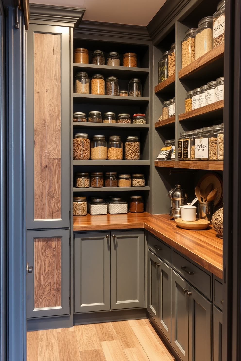 A modern gray pantry featuring sleek cabinetry and an inviting island with seating. The island is topped with a light-colored stone surface, providing a perfect spot for casual dining or meal prep.