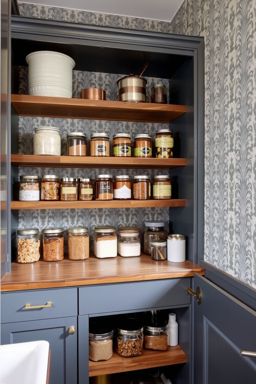 A stylish gray pantry features elegant patterned wallpaper that adds depth and character to the space. The shelving is crafted from reclaimed wood, showcasing an array of neatly organized jars and containers.