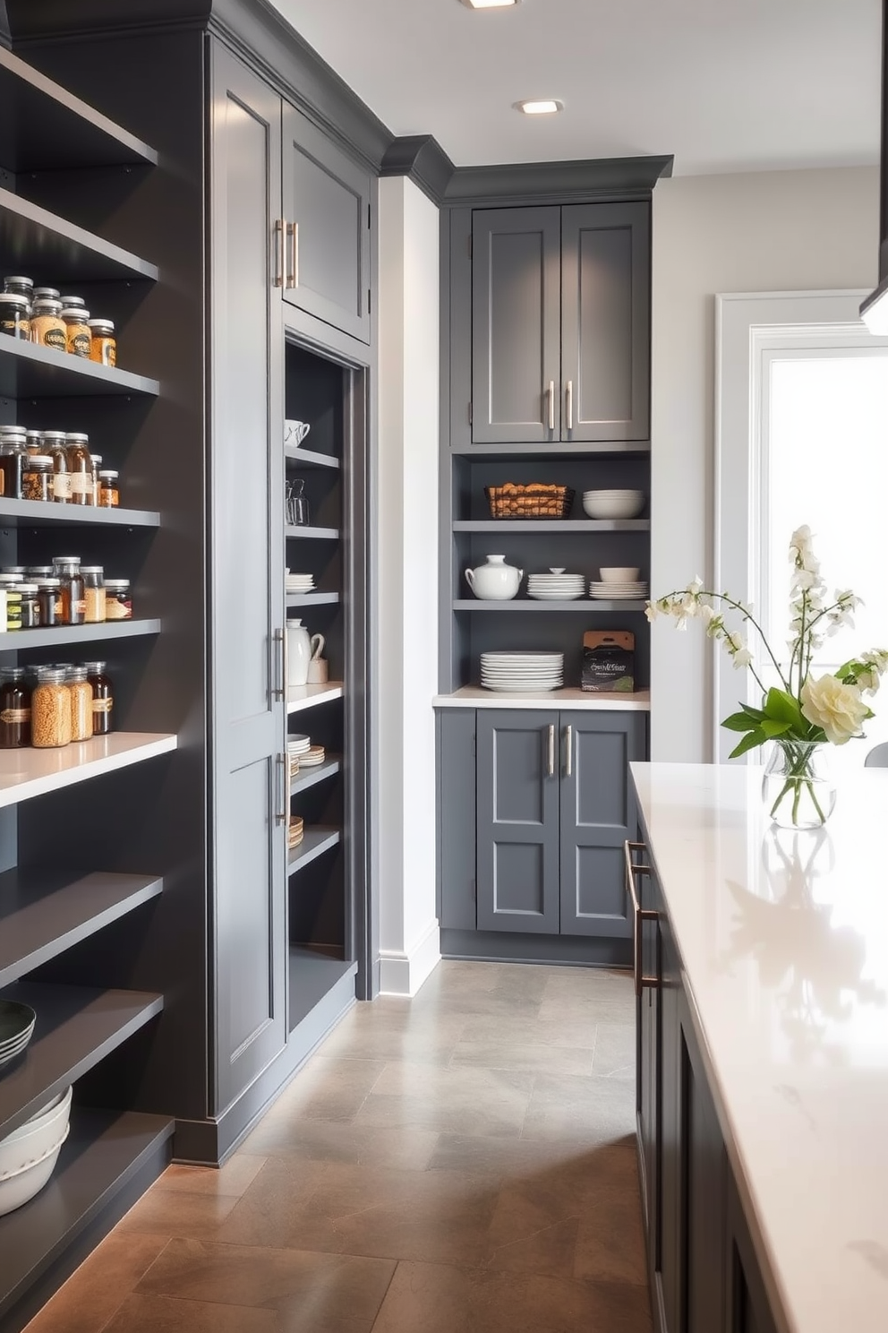 A stylish gray pantry with sleek white countertops creates a modern and inviting space. The pantry features open shelving on one side, displaying neatly organized jars and kitchen essentials. On the opposite side, a spacious island with additional storage provides functionality and a central gathering point. Soft lighting illuminates the area, enhancing the clean lines and contemporary design.