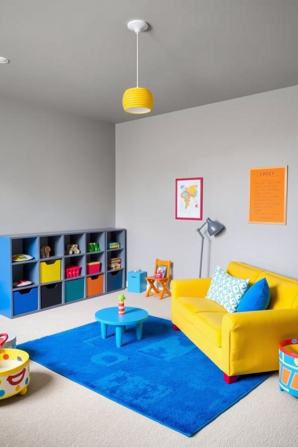 A playful playroom with gray walls that create a neutral backdrop. Colorful accent furniture including a bright yellow sofa and a vibrant blue rug add energy and fun to the space.