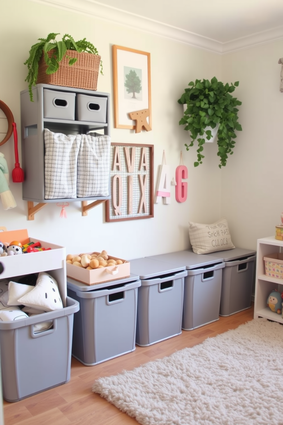 A playful and functional playroom featuring gray storage bins that blend seamlessly with the decor. The walls are painted in a soft pastel color, while a cozy rug defines the play area, making cleanup easy and efficient.