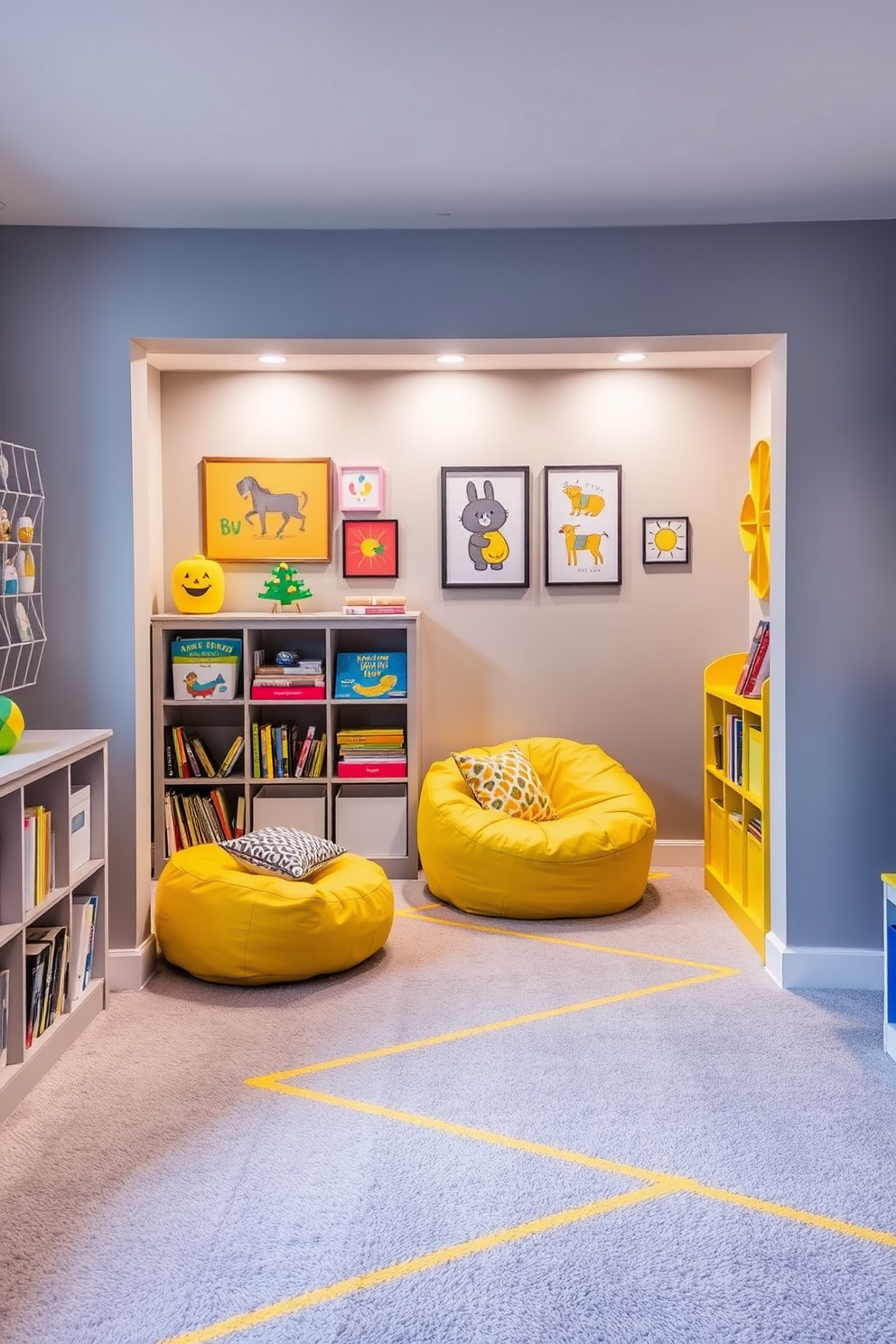 A playful gray and yellow playroom filled with vibrant decor. Soft gray walls provide a calming backdrop for bright yellow furniture and playful artwork. A cozy reading nook features a plush yellow bean bag chair and a gray bookshelf filled with colorful books. The floor is covered in a soft gray carpet with yellow geometric patterns, creating a fun and inviting space for children to explore.