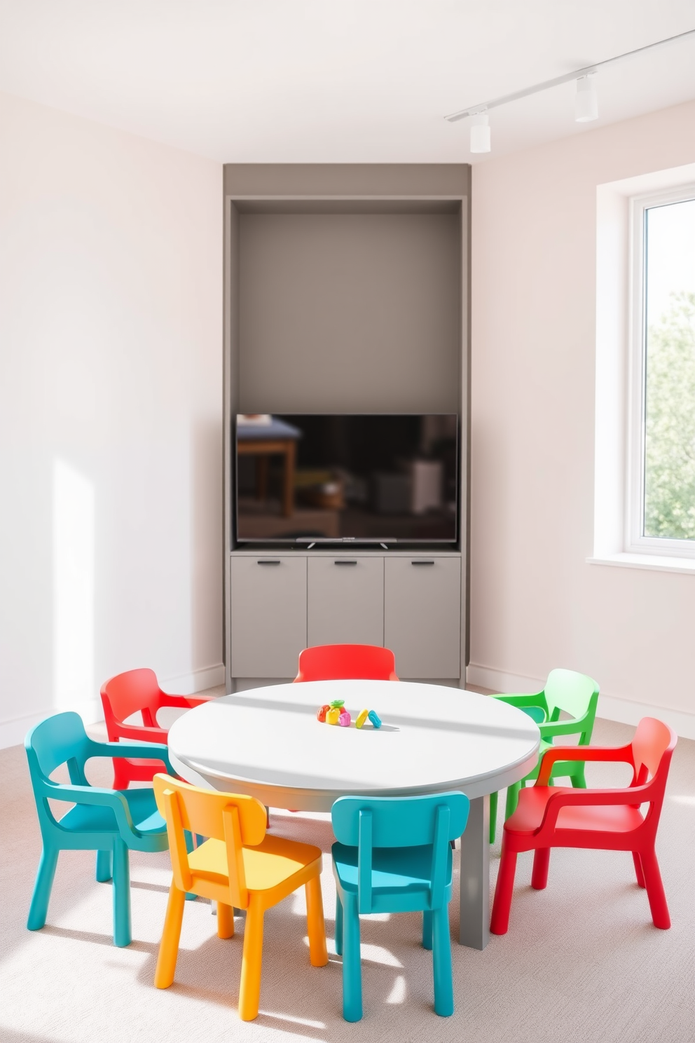 A modern playroom featuring a gray play table surrounded by vibrant, colorful chairs that create a cheerful atmosphere. The walls are painted in soft pastel shades, and a large window allows natural light to fill the space, enhancing the playful vibe.