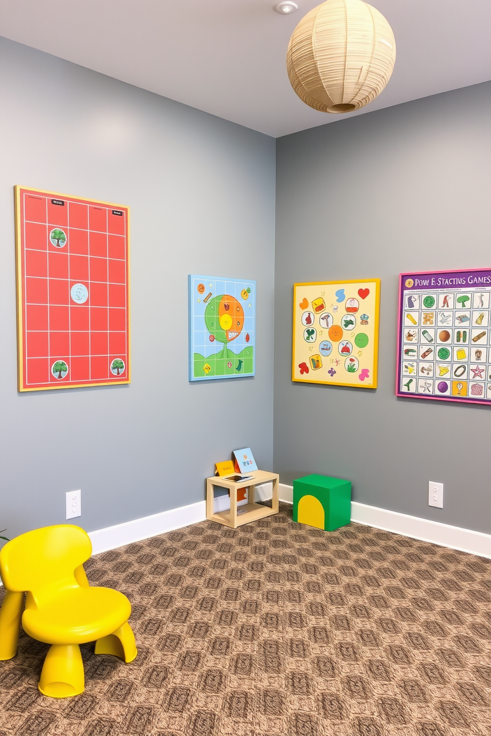 A playful gray playroom features interactive wall games that engage children's creativity and imagination. The walls are adorned with colorful game boards and tactile elements, creating an inviting and stimulating environment.