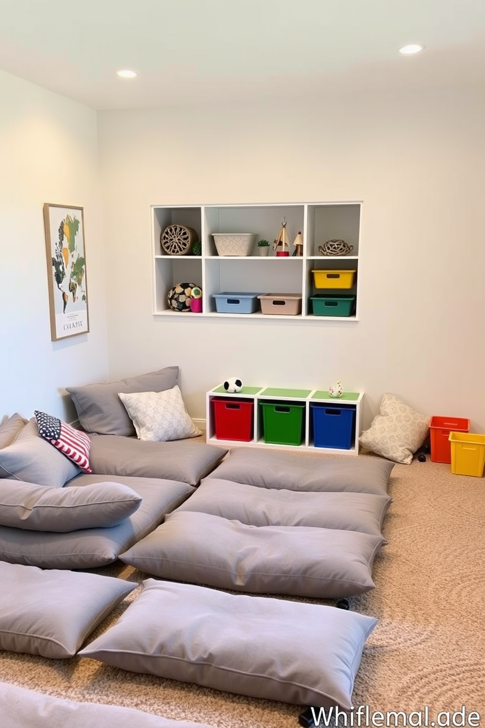 A cozy playroom featuring soft gray floor cushions arranged for relaxed seating. The walls are painted in a light pastel color, and colorful storage bins are scattered throughout the space for easy organization.