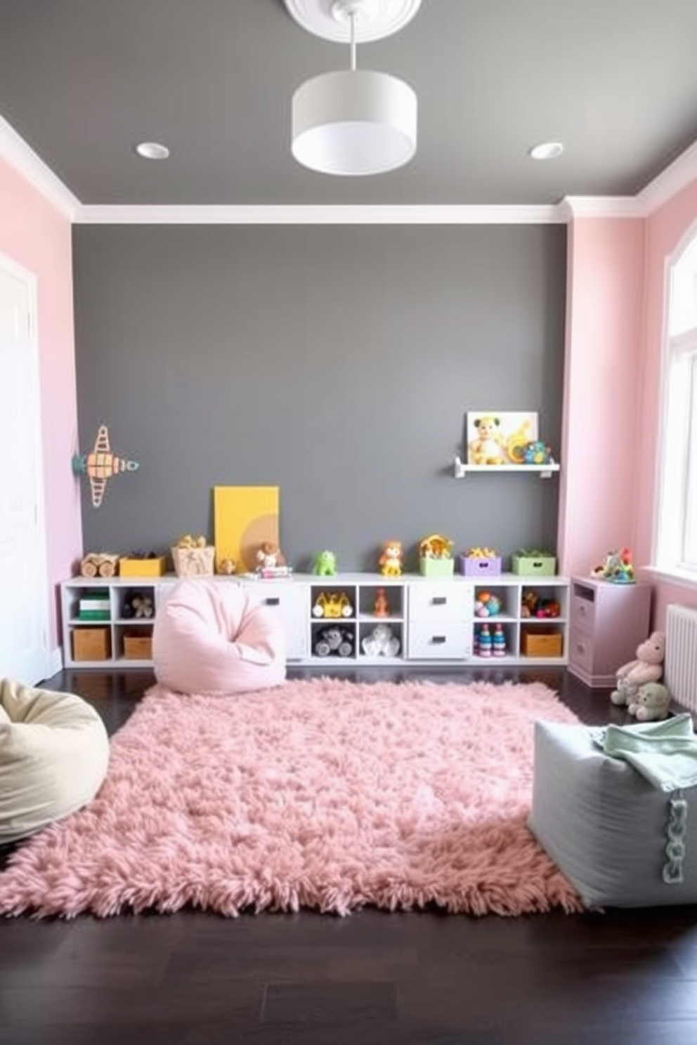 A playful playroom setting featuring a gray and pastel color palette. The walls are painted in soft pastel shades with one accent wall in a deep gray, creating a cozy yet vibrant atmosphere. In the center, a large plush area rug in pastel hues provides a soft play surface. Colorful bean bags and low shelves filled with toys add a fun and inviting touch to the space.