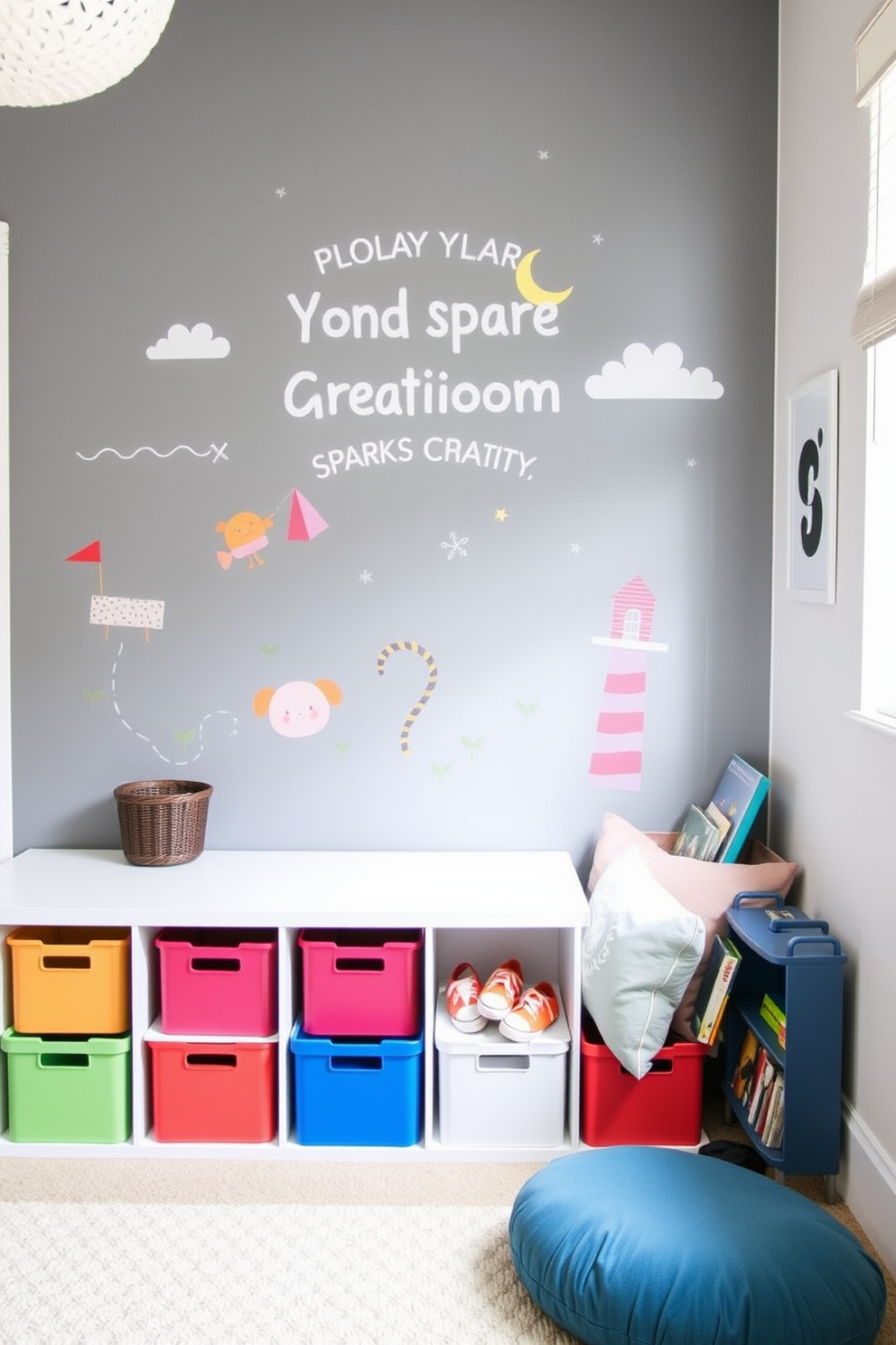 A playful playroom design featuring a gray feature wall adorned with a whimsical mural that sparks creativity. The space includes colorful storage bins and a cozy reading nook filled with plush cushions and a small bookshelf.