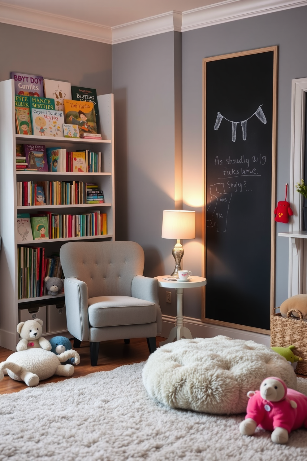 A cozy reading nook featuring a soft gray armchair positioned in the corner beside a tall bookshelf filled with colorful children's books. A small side table holds a steaming cup of tea and a decorative lamp, creating a warm atmosphere perfect for curling up with a good book. A playful gray playroom designed with soft textures and vibrant accents. The space includes a large area rug, plush toys scattered throughout, and a chalkboard wall for creative expression.