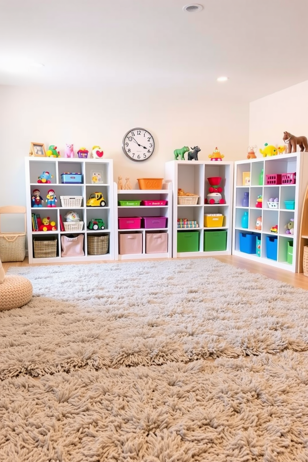 A cozy playroom filled with soft gray rugs that provide a warm and inviting atmosphere. The walls are painted in a light pastel color, and colorful toys are neatly arranged in open shelving units.