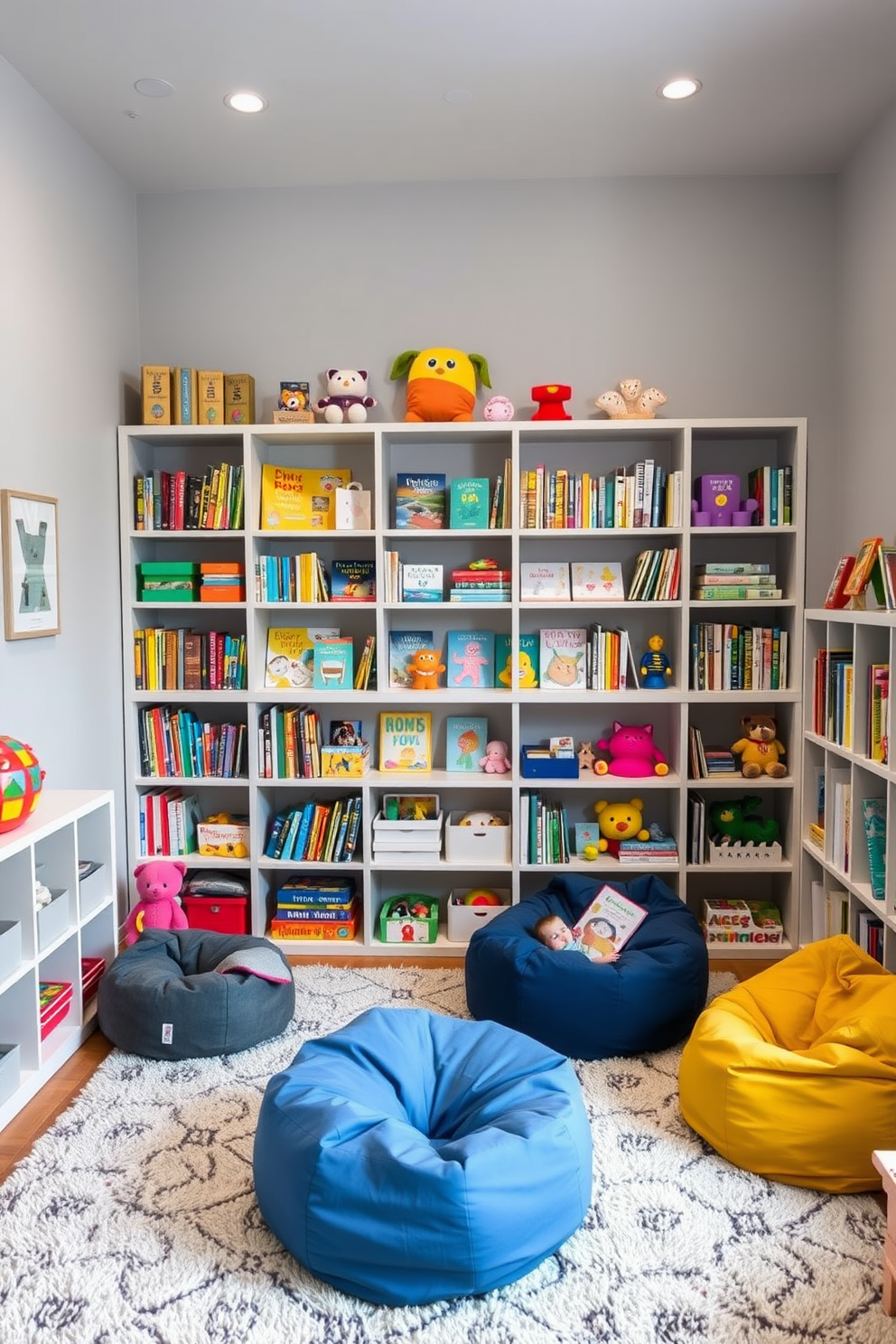 A playful and inviting playroom filled with gray toys and books organized by color. Soft gray walls create a calming backdrop, while a plush area rug provides a cozy space for play. Shelves are neatly arranged with colorful books and toys, creating an engaging visual display. A comfortable seating area with bean bags invites children to relax and enjoy their favorite stories.