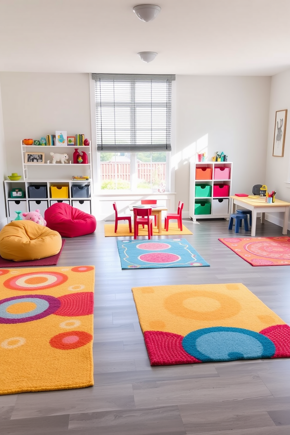 A bright and cheerful playroom features vibrant rugs laid over sleek gray hardwood floors. The space is filled with playful furniture, including colorful bean bags and a low table for arts and crafts activities.