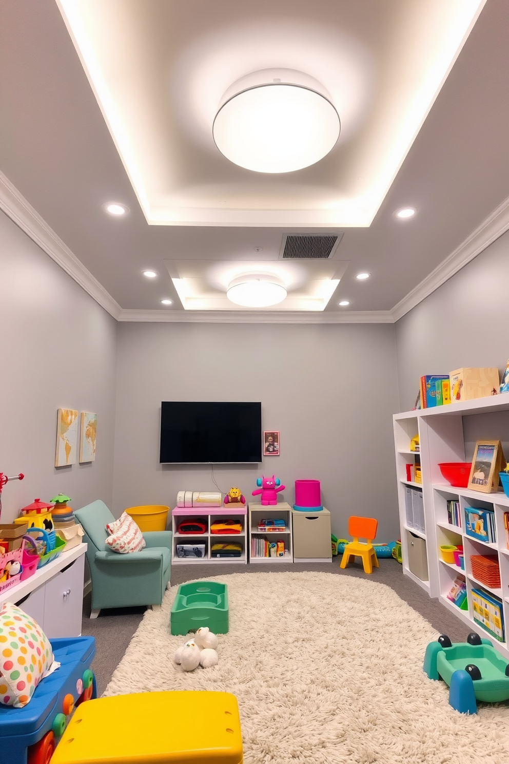 A spacious gray playroom filled with colorful toys and soft furnishings. Bright ceiling lights illuminate the room, creating a cheerful atmosphere. The walls are painted in a soft gray, complemented by vibrant accents in the decor. A plush area rug defines the play zone, while shelves hold books and games for easy access.