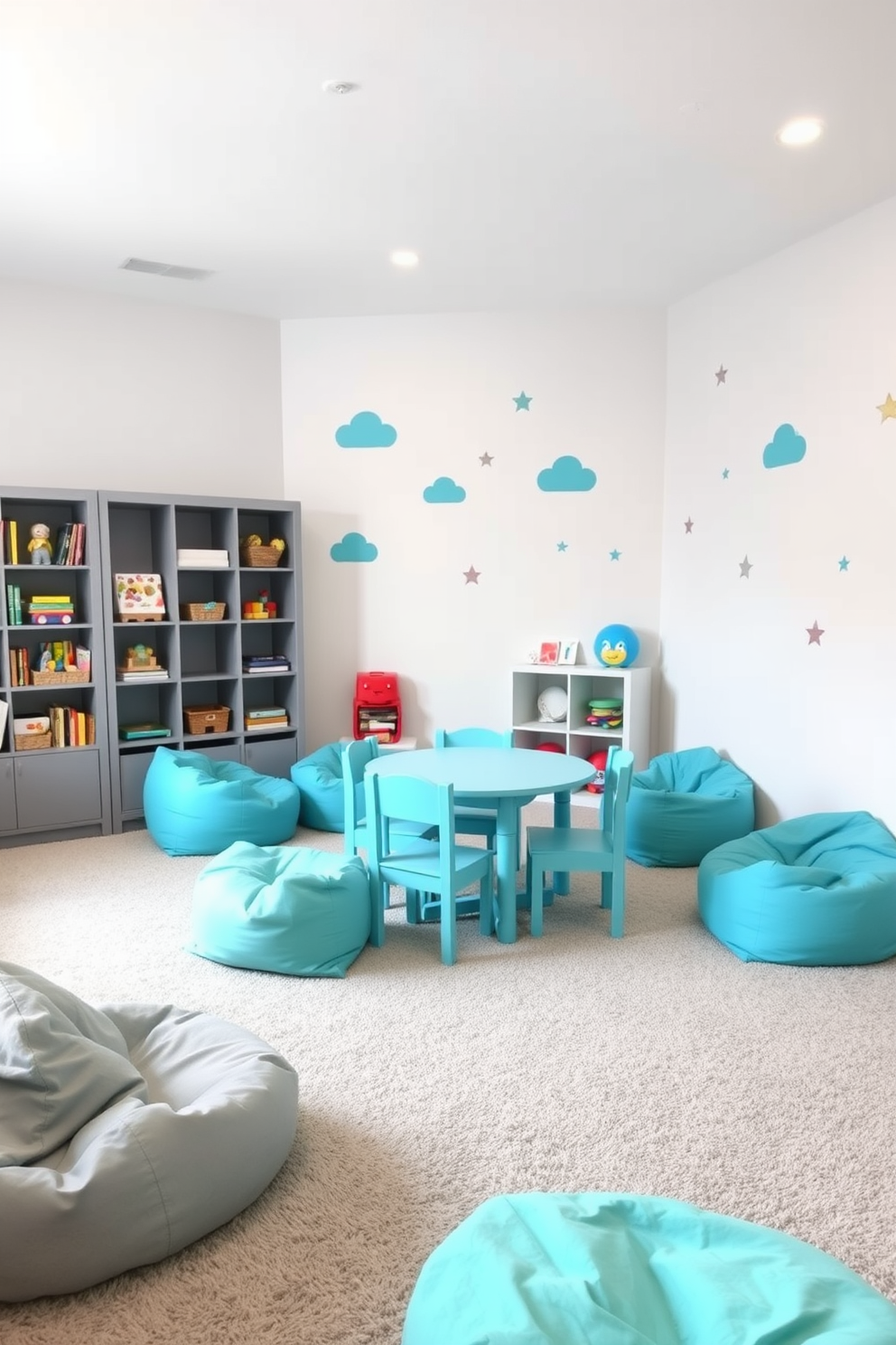 A playful gray and aqua playroom features a soft gray carpet that covers the floor, providing a cozy space for children to play. Aqua-colored bean bags are scattered around, creating inviting seating areas for reading and relaxation. The walls are painted in a light gray shade, accented by aqua-colored wall decals of whimsical clouds and stars. A gray bookshelf filled with colorful toys and books stands against one wall, while an aqua-colored table with matching chairs occupies the center of the room.