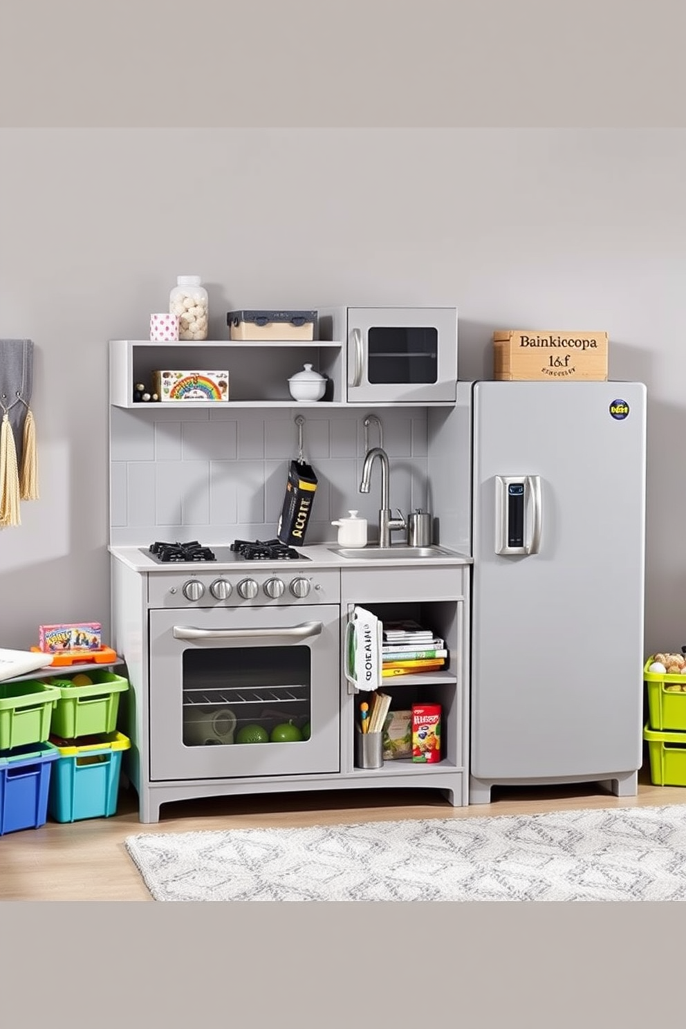 A charming gray play kitchen designed for interactive fun. It features a miniature stove, sink, and refrigerator, all crafted from durable materials with realistic details. The playroom is adorned with soft gray walls and a cozy rug. Colorful storage bins are neatly arranged, filled with toys and games to inspire creativity and play.