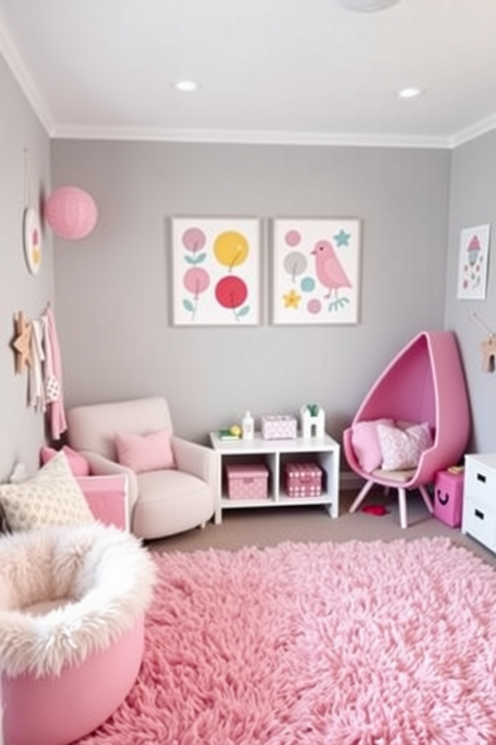 A playful gray and pink playroom filled with soft textures and inviting decor. The walls are painted in a light gray hue, complemented by pink accents in the furniture and accessories. A large plush rug in shades of pink covers the floor, providing a cozy area for play. Colorful wall art featuring playful designs adds a cheerful touch to the space.