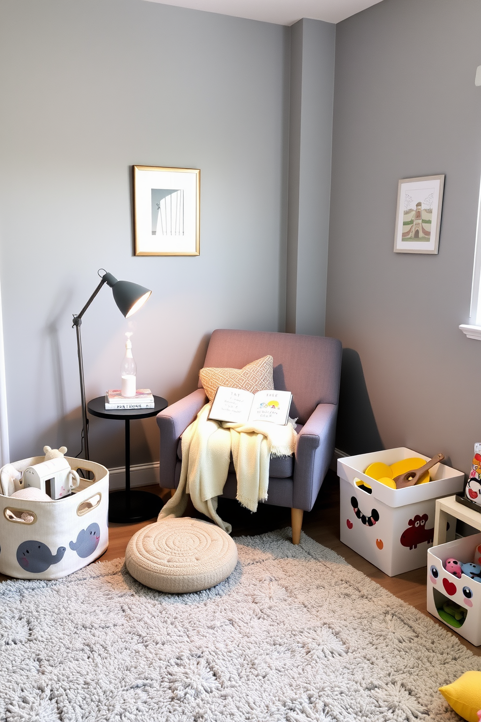 Cozy gray corner reading nook setup. A plush gray armchair is nestled in the corner with a soft throw blanket draped over one arm. A small side table holds a steaming cup of tea and a stack of books, while a floor lamp emits a warm glow, inviting relaxation. Gray playroom design ideas. The walls are painted a soft gray, creating a calming backdrop for colorful toys and artwork. A large, plush area rug provides a comfortable space for play, and whimsical storage bins keep the space organized and tidy.