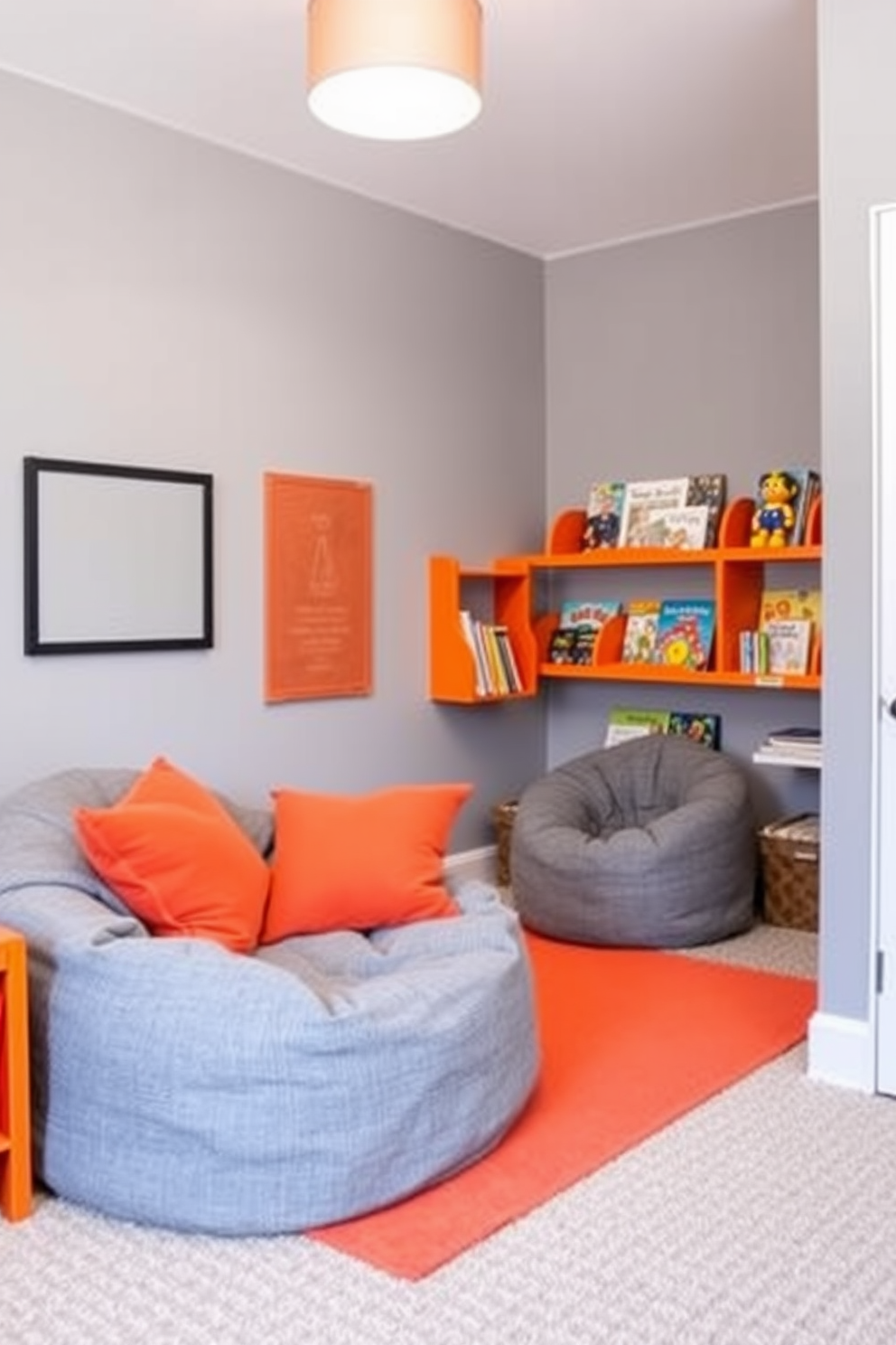 A playful gray playroom filled with vibrant orange accents. The walls are painted a soft gray, while an orange area rug adds warmth to the space. A cozy reading nook features a gray bean bag chair and orange throw pillows. Bright orange shelves display colorful books and toys, enhancing the playful atmosphere.