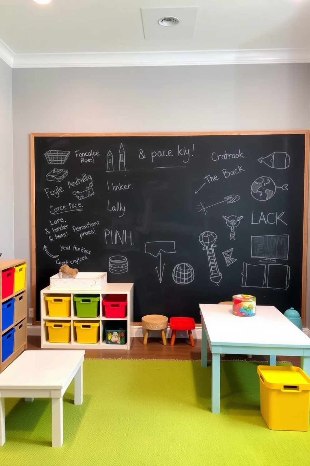 A playful playroom features a large chalkboard wall that invites creativity and artistic expression. The space is designed with soft gray walls, complemented by colorful storage bins and playful furniture to encourage imaginative play.