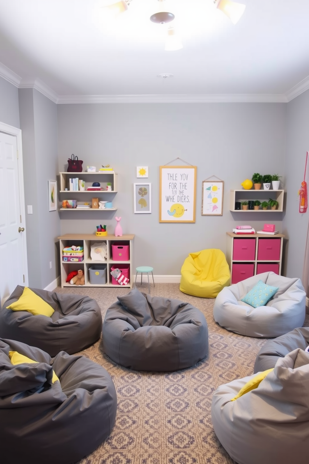 A playful gray playroom features soft bean bags scattered around for comfortable seating. The walls are painted in a light gray tone, complemented by colorful artwork and playful accents throughout the space.