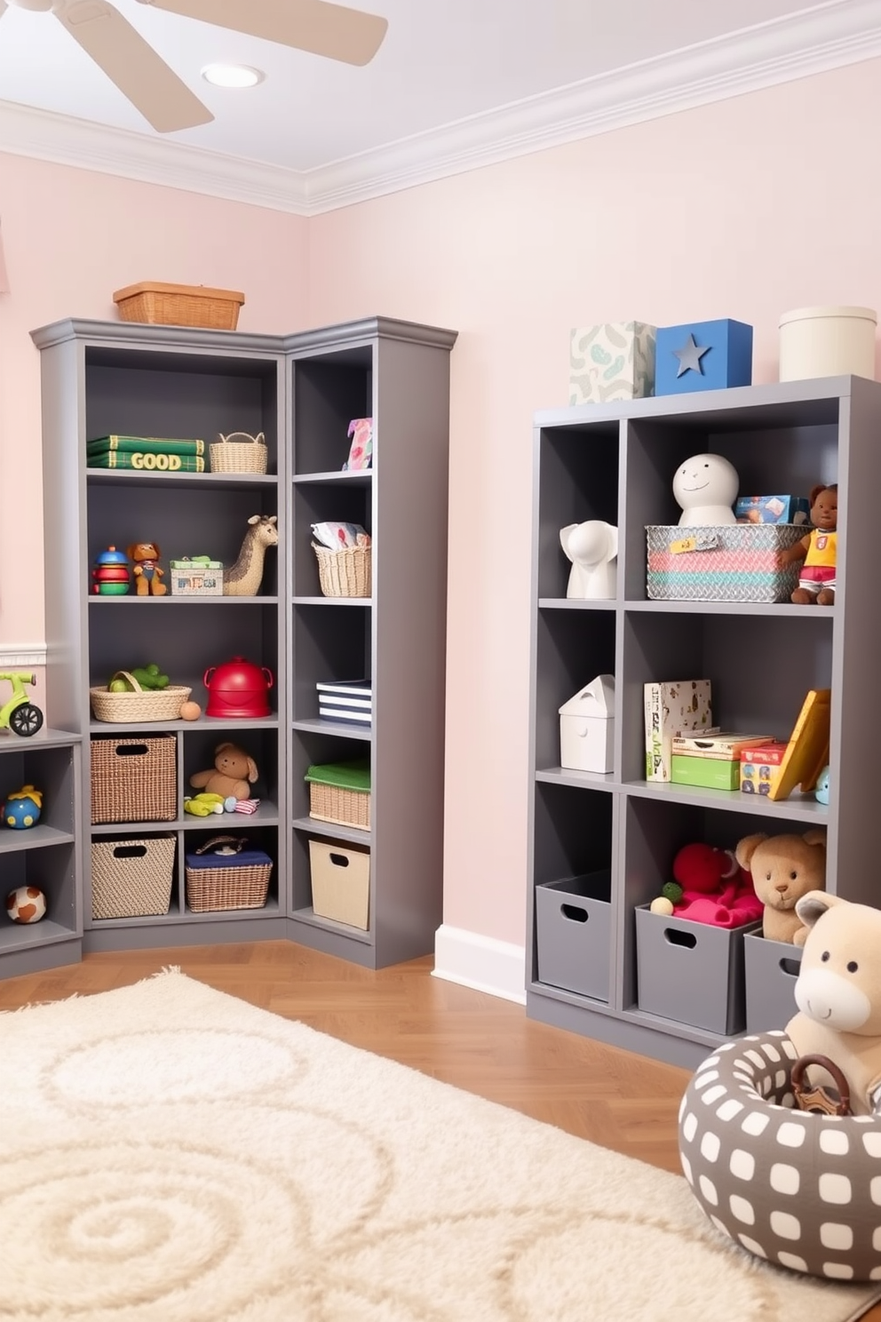 A playful and inviting playroom featuring gray shelving units designed for organized toy storage. The walls are painted in a soft pastel color, and a cozy area rug adds warmth to the space.