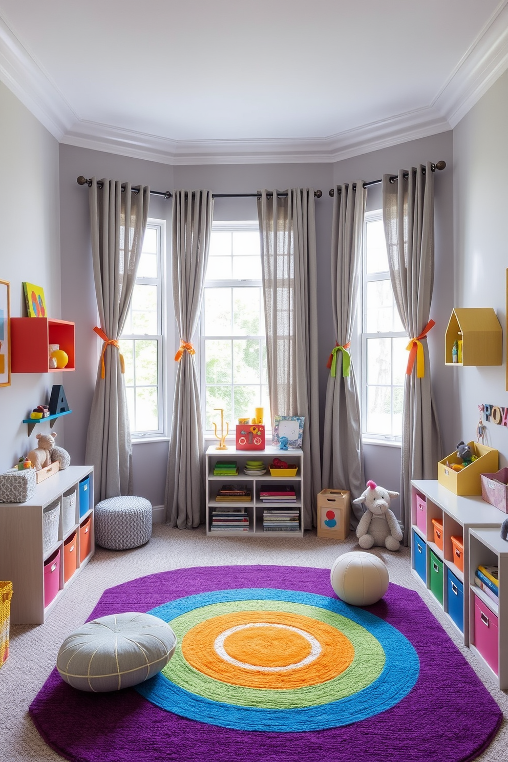 A playful gray playroom filled with soft textures and vibrant accents. The walls are painted a light gray, adorned with colorful artwork and playful shelving units. The windows are dressed with gray curtains that feature bright tiebacks, allowing natural light to flood the space. A cozy area rug in cheerful colors anchors the room, providing a comfortable spot for play and creativity.