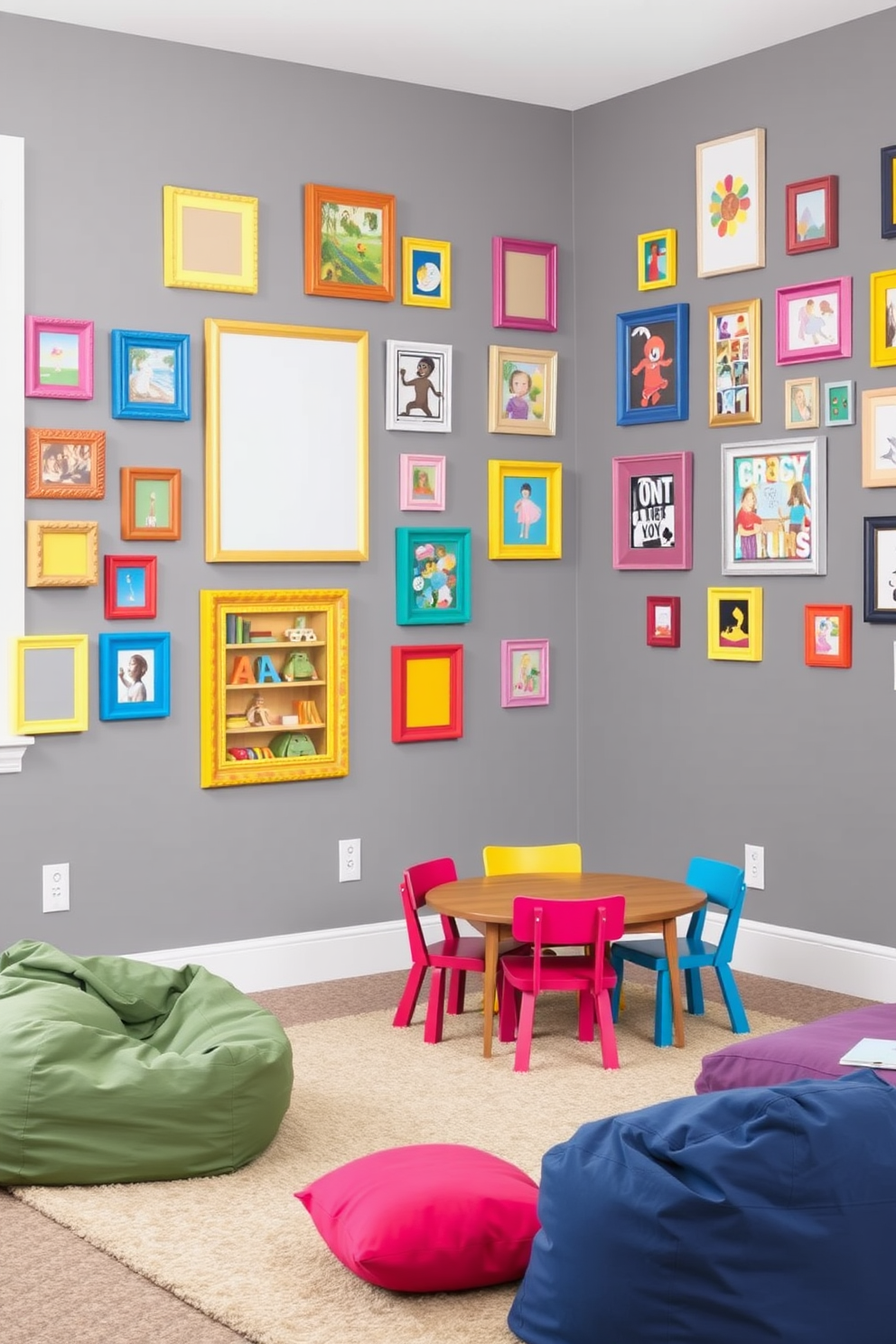 A playful playroom featuring gray walls adorned with multicolored art frames of various sizes and styles. The space includes a soft area rug, colorful bean bags, and a low wooden table surrounded by vibrant chairs for creative activities.