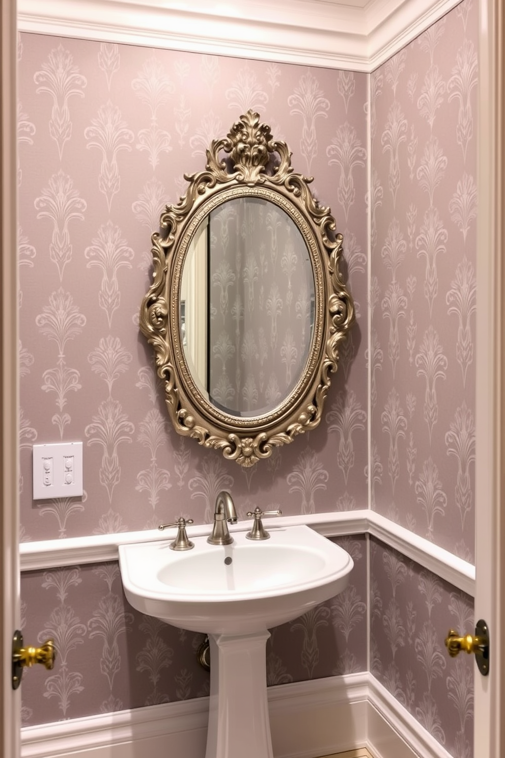 Elegant gray wallpaper with white trim creates a refined atmosphere in the powder room. The space features a sleek pedestal sink complemented by a vintage-style mirror with ornate detailing.