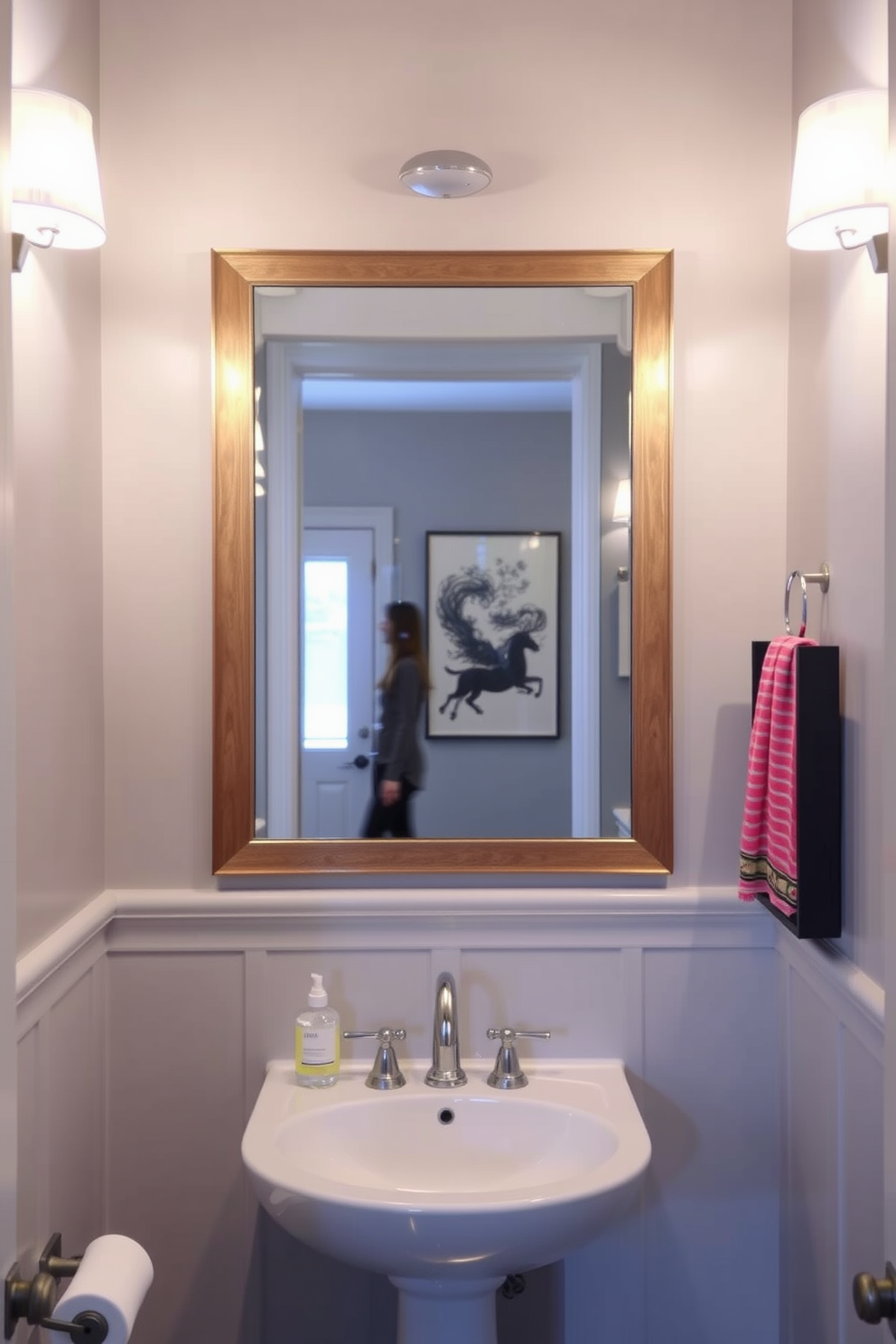 Bright lighting fixtures illuminate the space, creating a vibrant atmosphere in the powder room. The walls are painted in a soft gray, providing a contemporary backdrop for stylish decor.