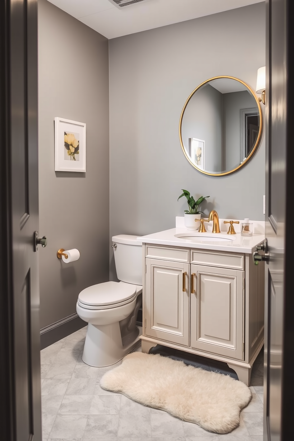 A chic powder room featuring a gray accent wall adorned with carefully selected framed art that complements the overall decor. The space includes a sleek white pedestal sink and a stylish mirror that enhances the modern aesthetic.