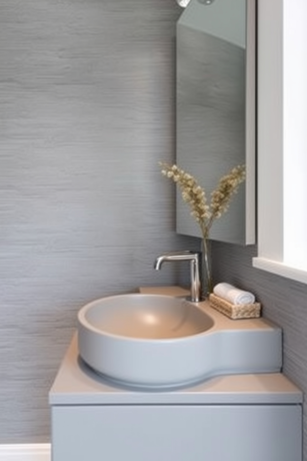 A contemporary gray sink with a sleek faucet is the focal point of this stylish powder room. The walls are adorned with subtle geometric patterns, creating a modern yet inviting atmosphere. A minimalist mirror with a thin frame hangs above the sink, reflecting the elegant design. Soft ambient lighting highlights the gray tones and adds warmth to the space.