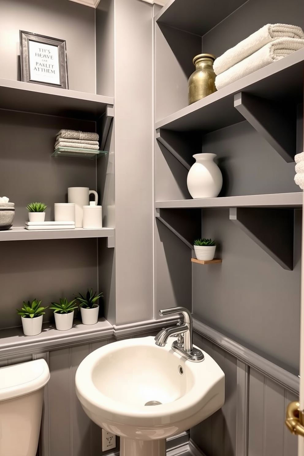 A stylish gray powder room featuring open shelving with gray painted brackets. The shelves are adorned with neatly arranged decorative items and small potted plants, creating an inviting and functional space.