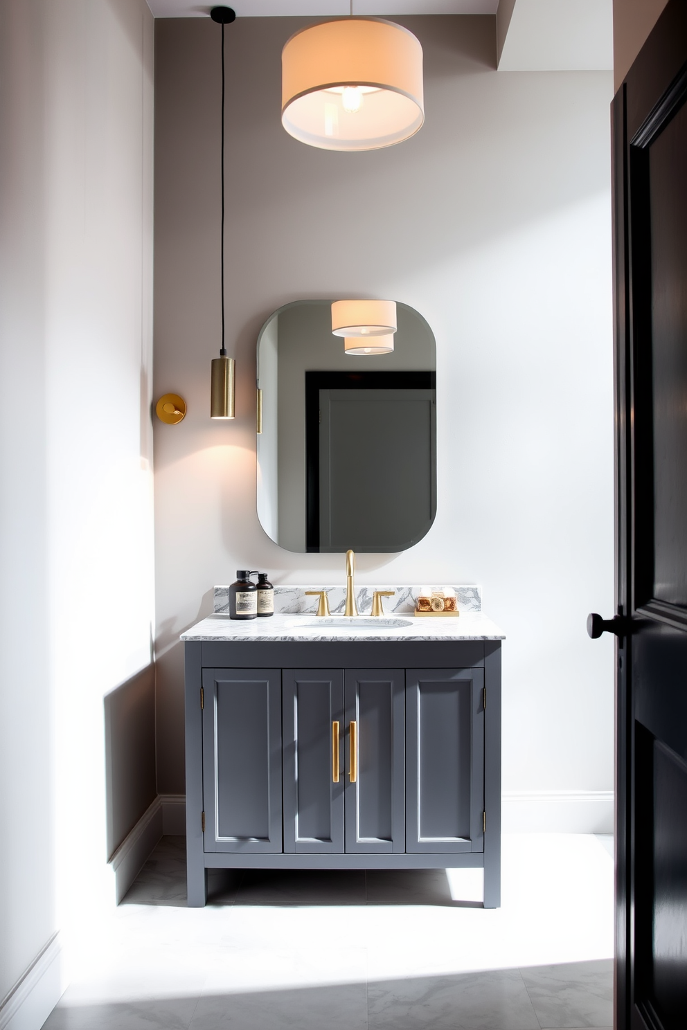 A modern powder room features a floating vanity with a sleek gray countertop that adds a touch of elegance. The walls are adorned with soft gray wallpaper, creating a calming atmosphere complemented by stylish lighting fixtures.