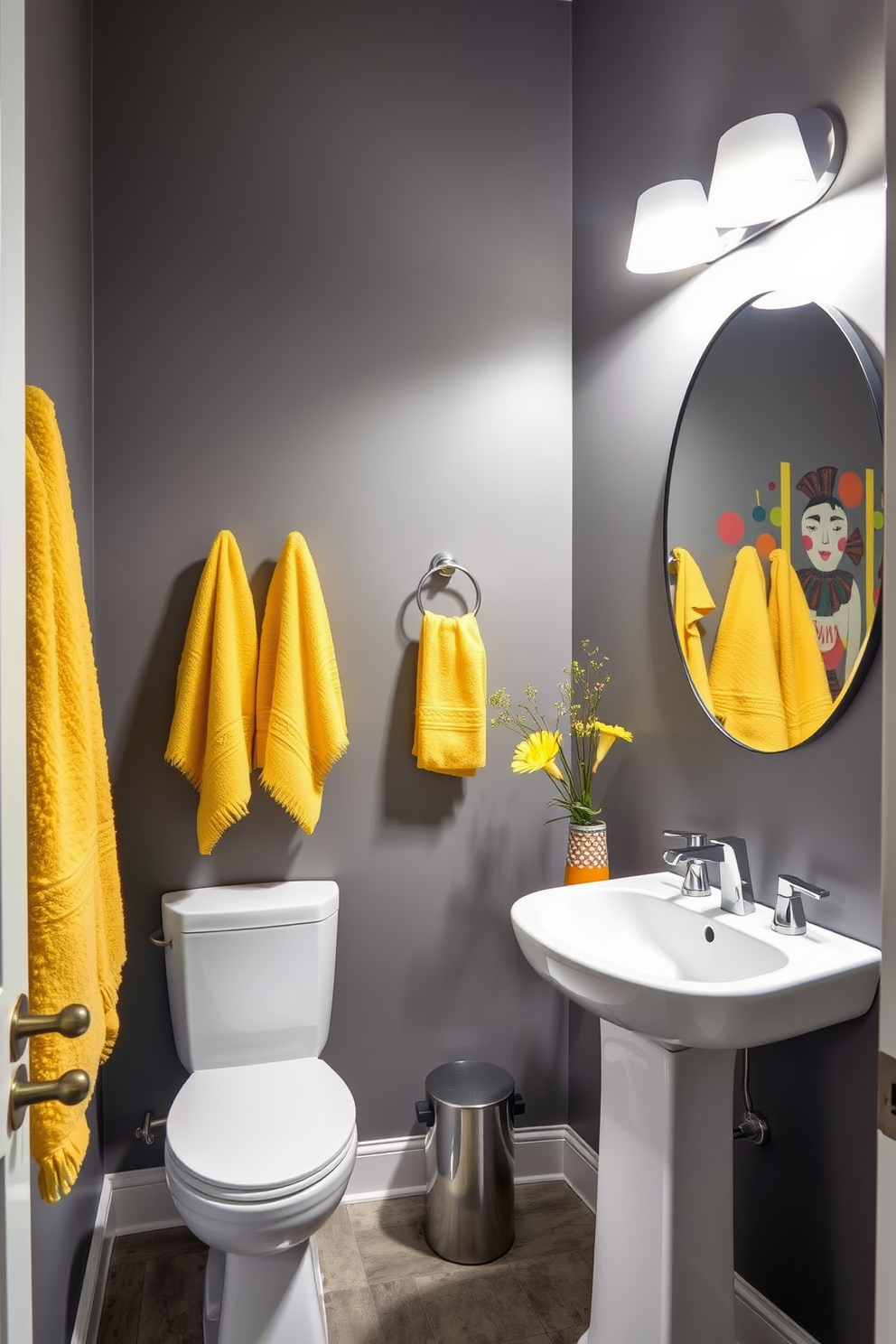 A stylish powder room featuring industrial gray metal accents throughout the decor. The walls are painted a soft gray, complemented by a sleek gray metal sink and fixtures. A large circular mirror with a gray metal frame hangs above the sink, reflecting the ambient lighting from exposed bulb fixtures. The floor is adorned with dark tiles, and a minimalist gray metal shelving unit displays neatly folded towels and decorative items.