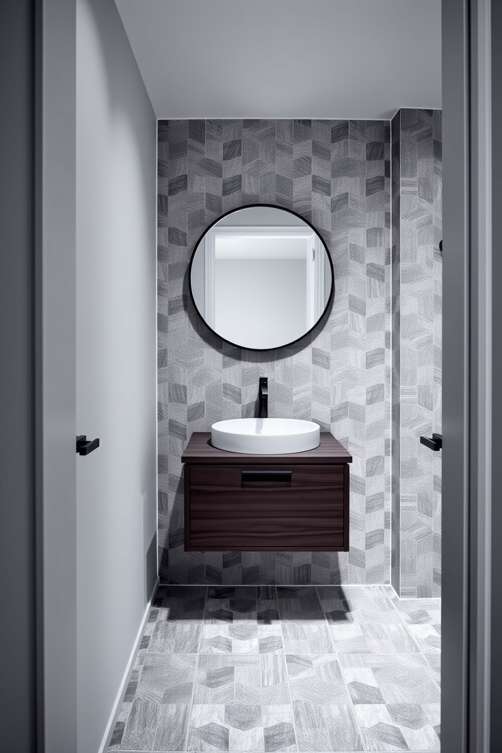 Elegant gray vanity with a polished marble top sits against the wall in a stylish powder room. Soft ambient lighting illuminates the space, highlighting the intricate details of the cabinetry and the subtle textures of the decor.