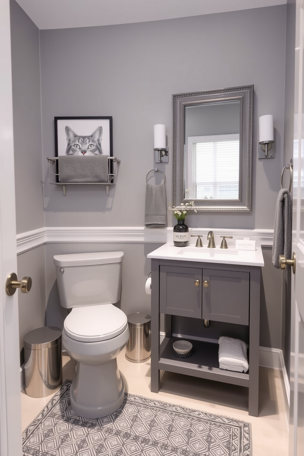 A chic powder room featuring subtle gray patterns in the textiles. The walls are adorned with a delicate gray wallpaper, and a sleek pedestal sink complements the elegant design. A large round mirror with a thin silver frame hangs above the sink, reflecting the soft lighting. Plush gray towels are neatly arranged on a stylish towel rack, adding a touch of sophistication to the space.