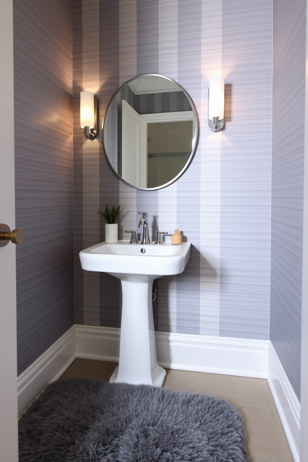 A chic gray and white powder room featuring elegant striped wallpaper that adds depth and sophistication to the space. The room is adorned with a sleek white pedestal sink and a stylish mirror framed in brushed nickel, enhancing the contemporary aesthetic.